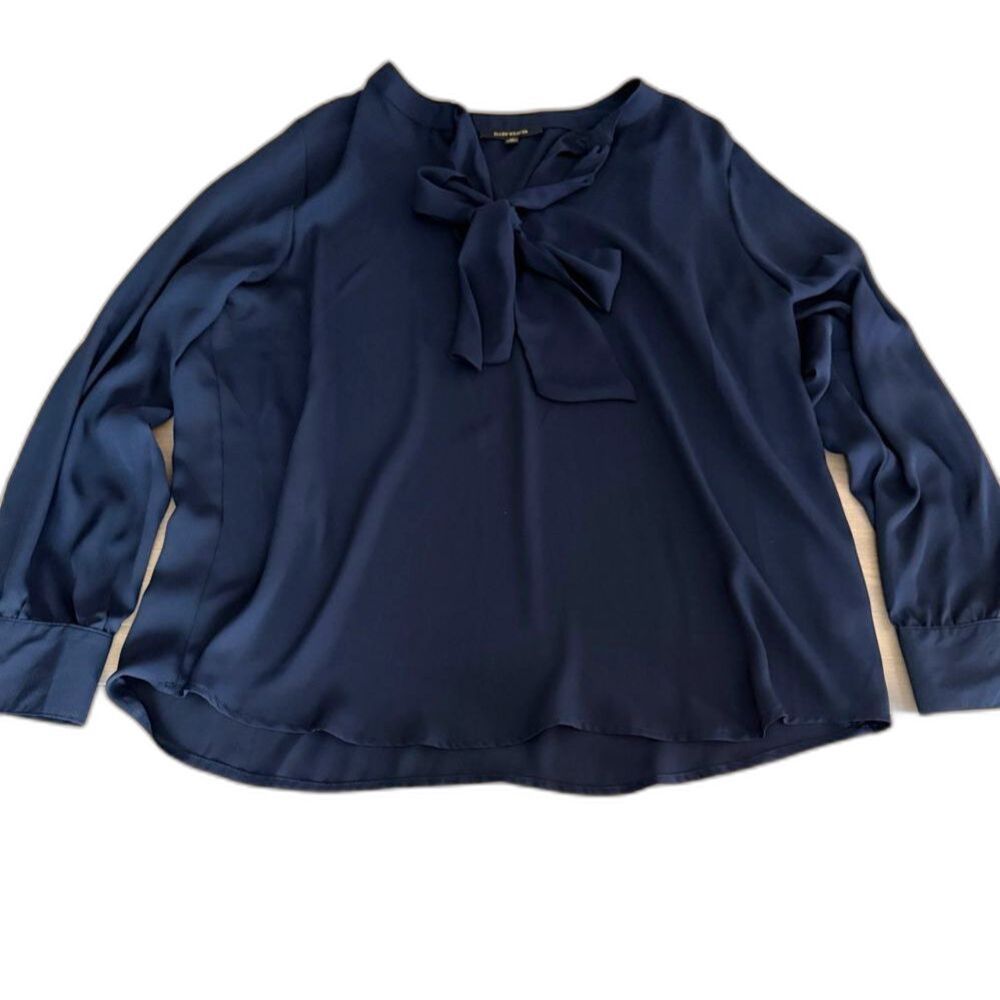 Ellen Weaver 1X Navy Tie Neck Blouse Long Sleeve Career Work Top